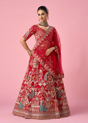Mohey Women Red Art Silk Bridal Lehenga with Embroidery
