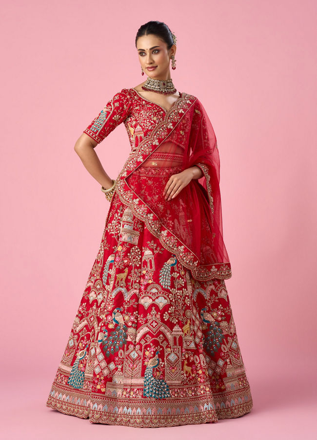 Mohey Women Red Art Silk Bridal Lehenga with Embroidery