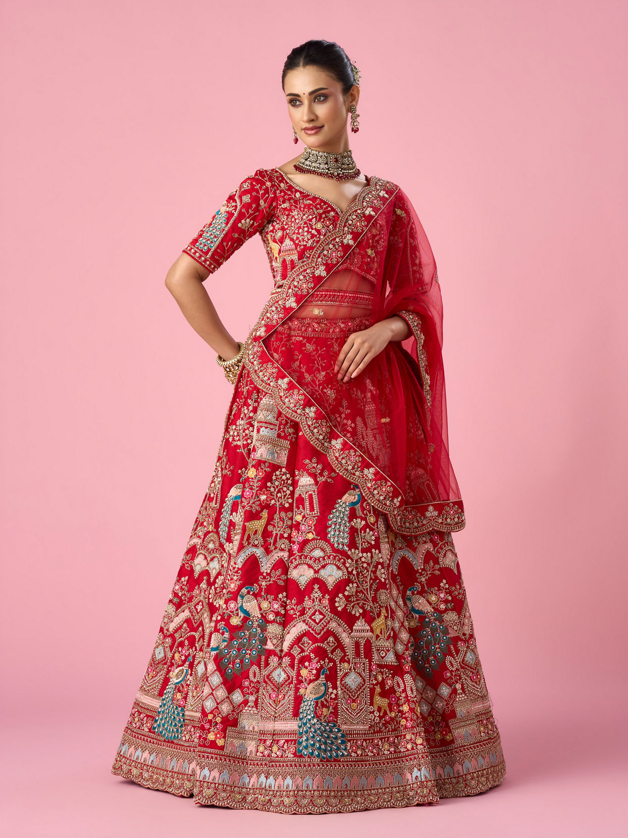 Mohey Women Red Art Silk Bridal Lehenga with Embroidery