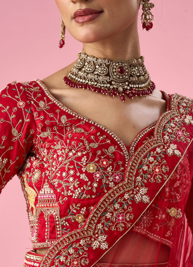 Mohey Women Red Art Silk Bridal Lehenga with Embroidery