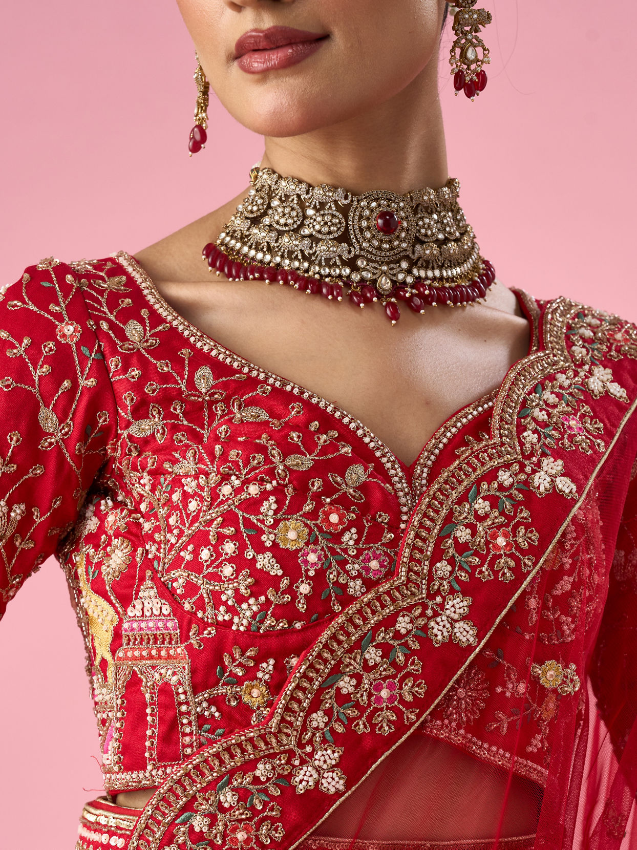 Mohey Women Red Art Silk Bridal Lehenga with Embroidery