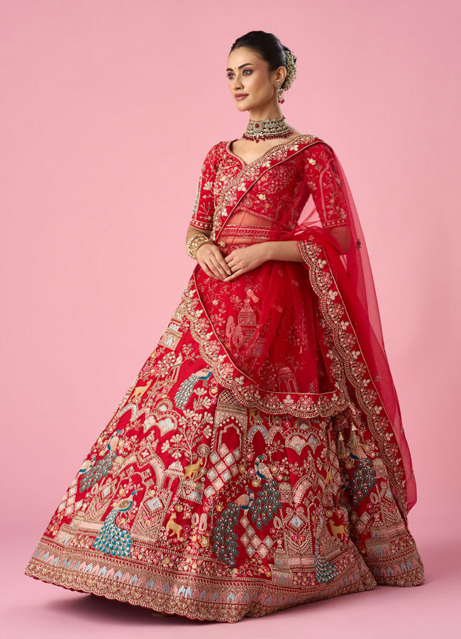 Mohey Women Red Art Silk Bridal Lehenga with Embroidery