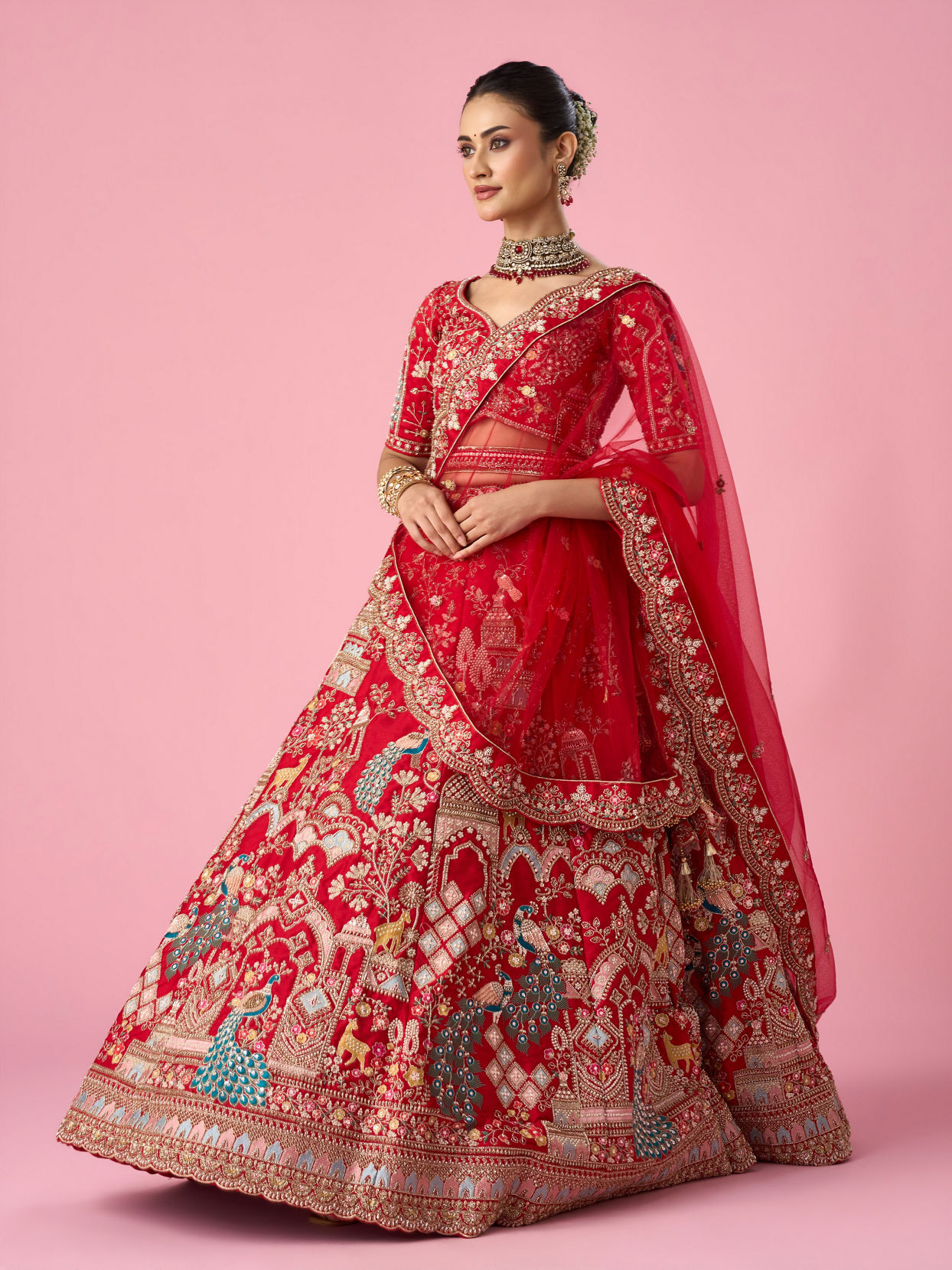Mohey Women Red Art Silk Bridal Lehenga with Embroidery