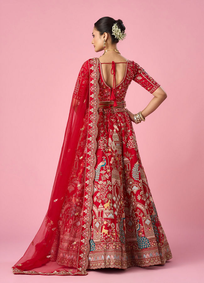 Mohey Women Red Art Silk Bridal Lehenga with Embroidery