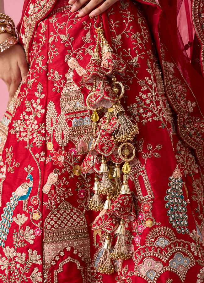 Mohey Women Red Art Silk Bridal Lehenga with Embroidery