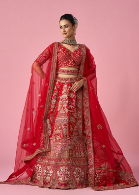 Mohey Women Red Art Silk Lehenga with Sequin Work