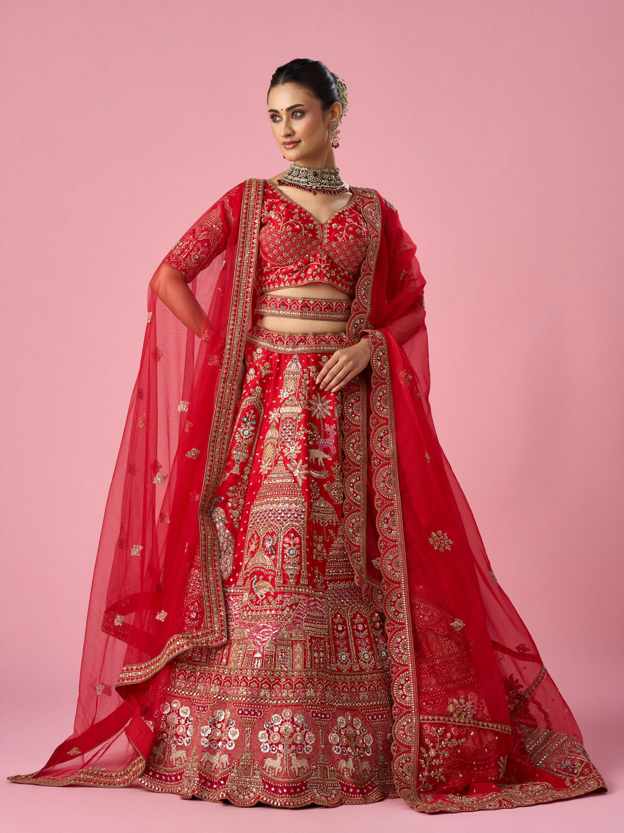 Mohey Women Red Art Silk Lehenga with Sequin Work