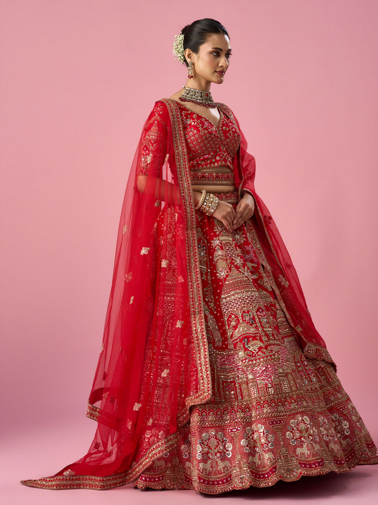 Mohey Women Red Art Silk Lehenga with Sequin Work