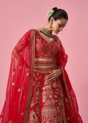 Mohey Women Red Art Silk Lehenga with Sequin Work