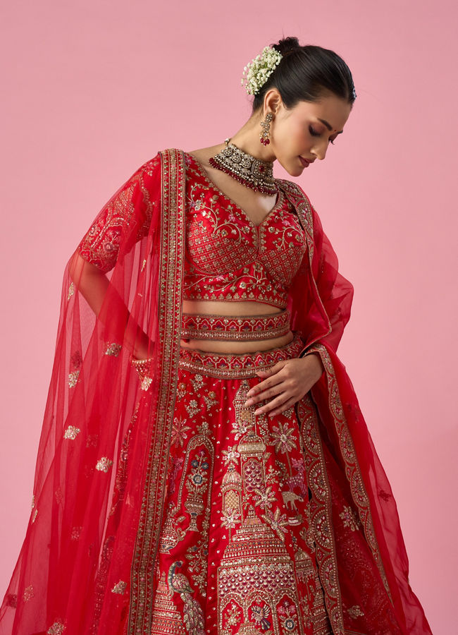 Mohey Women Red Art Silk Lehenga with Sequin Work