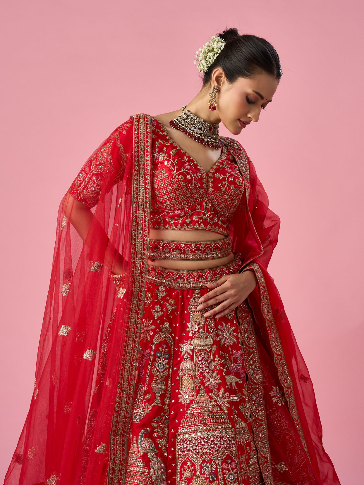 Mohey Women Red Art Silk Lehenga with Sequin Work