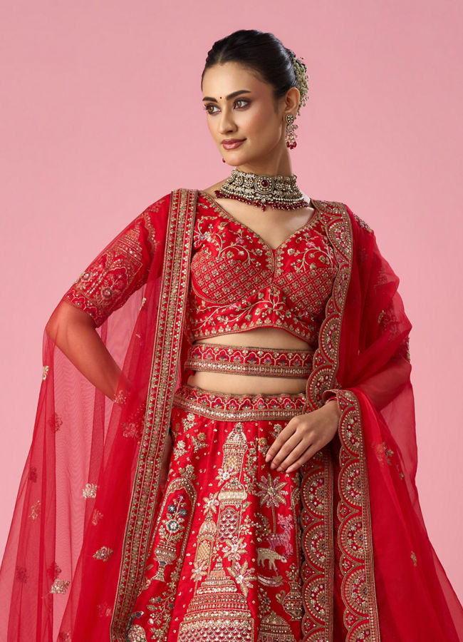 Mohey Women Red Silk Lehenga with Sequin Work
