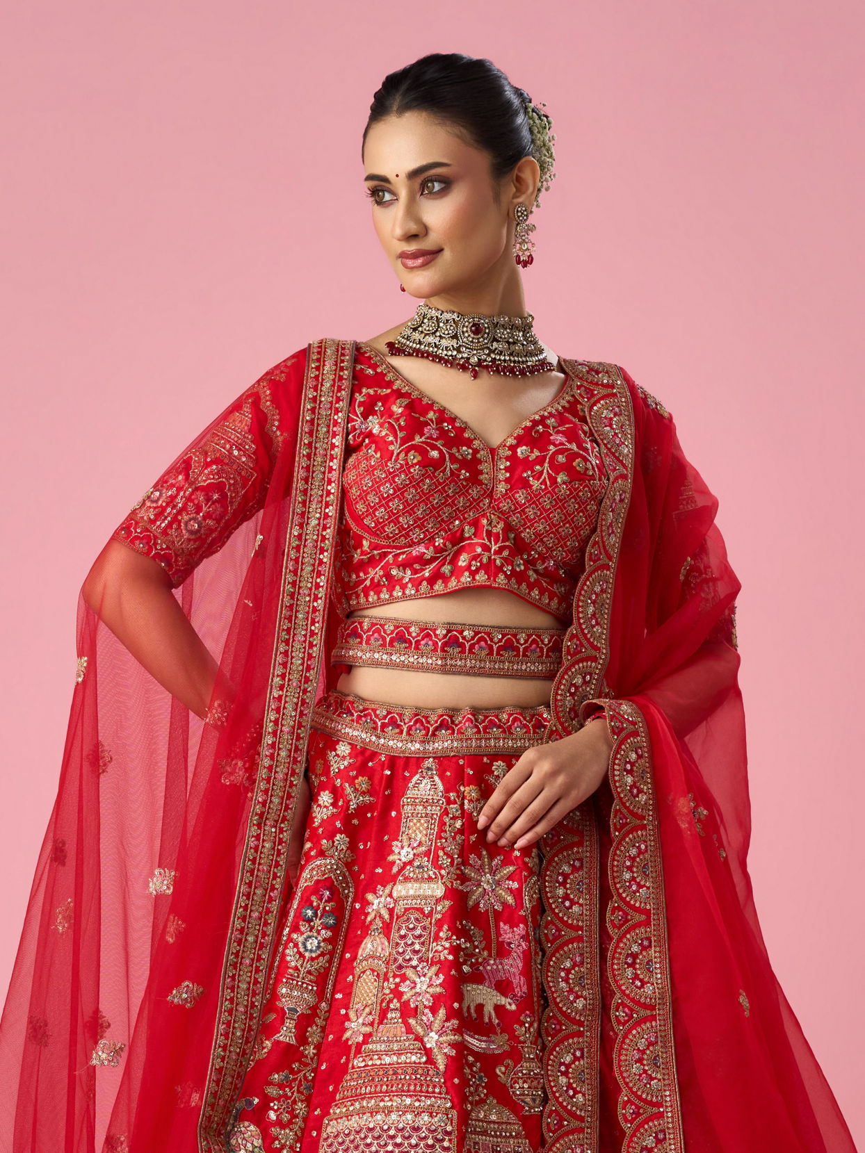 Mohey Women Red Silk Lehenga with Sequin Work