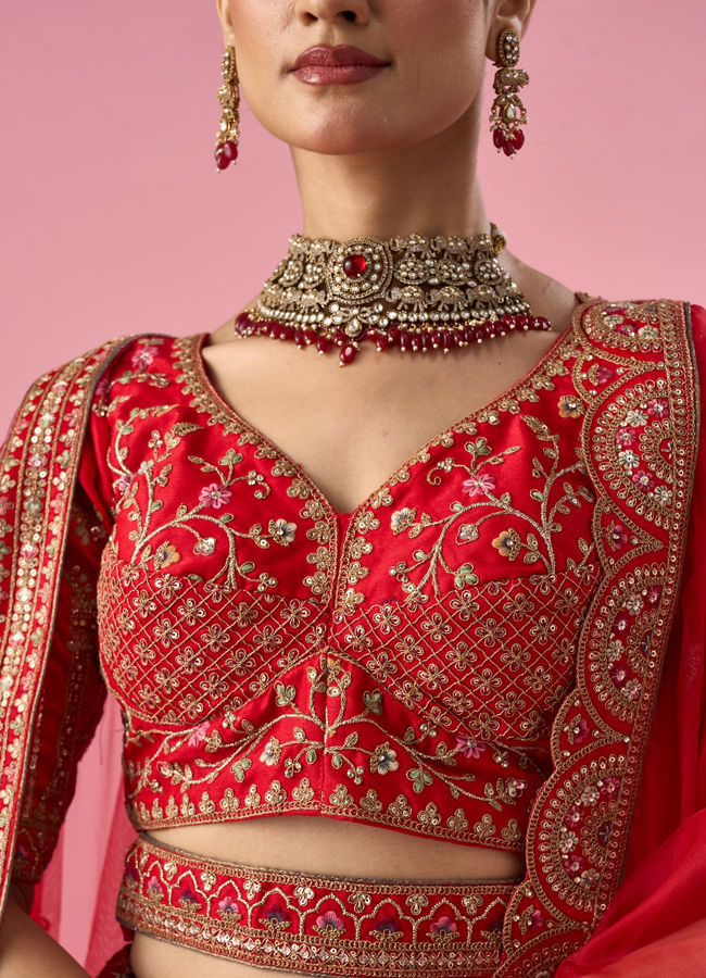 Mohey Women Red Art Silk Lehenga with Sequin Work
