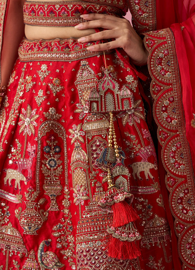 Mohey Women Red Art Silk Lehenga with Sequin Work