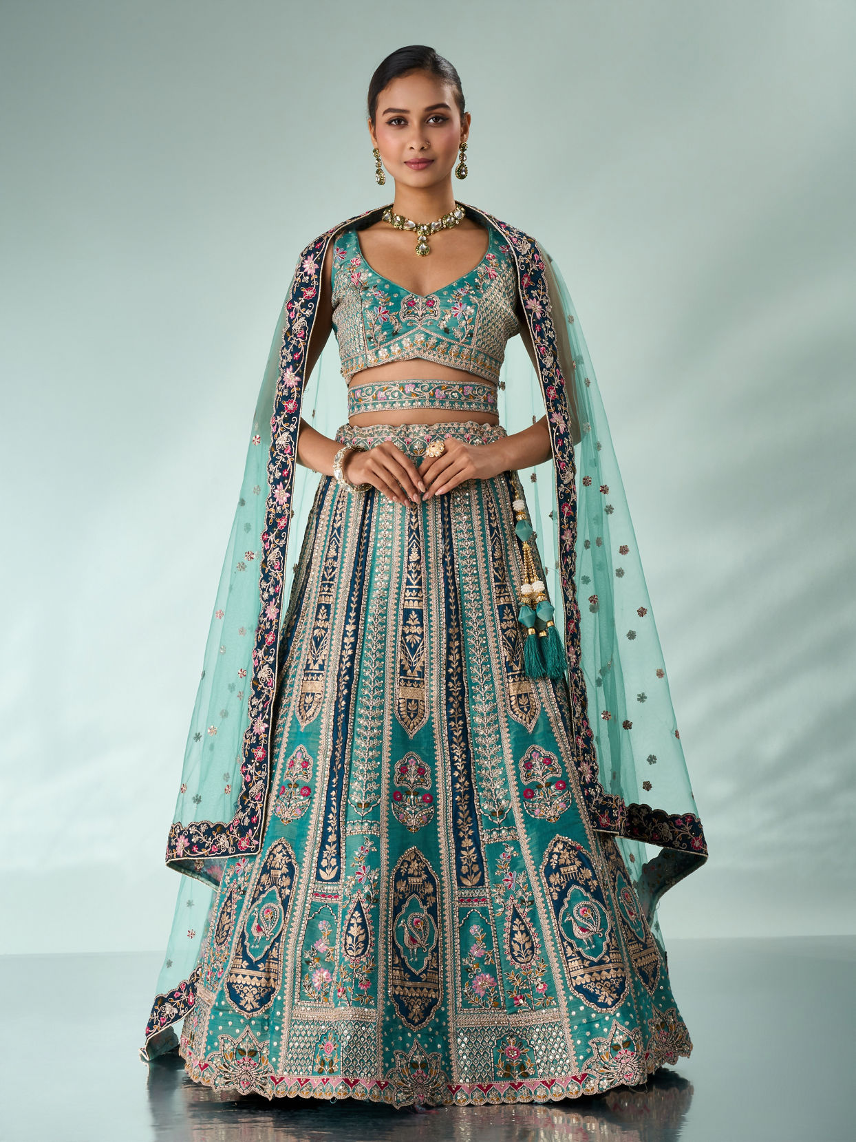 Mohey Women Green Tissue Lehenga with Sequin Work