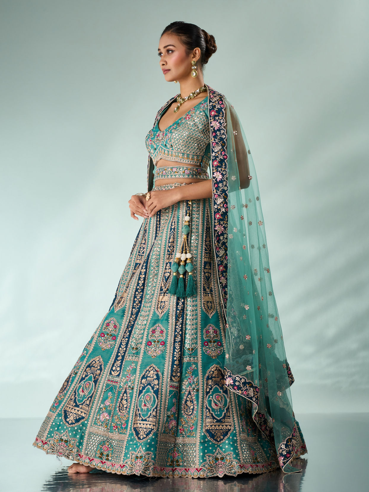 Mohey Women Green Tissue Lehenga with Sequin Work