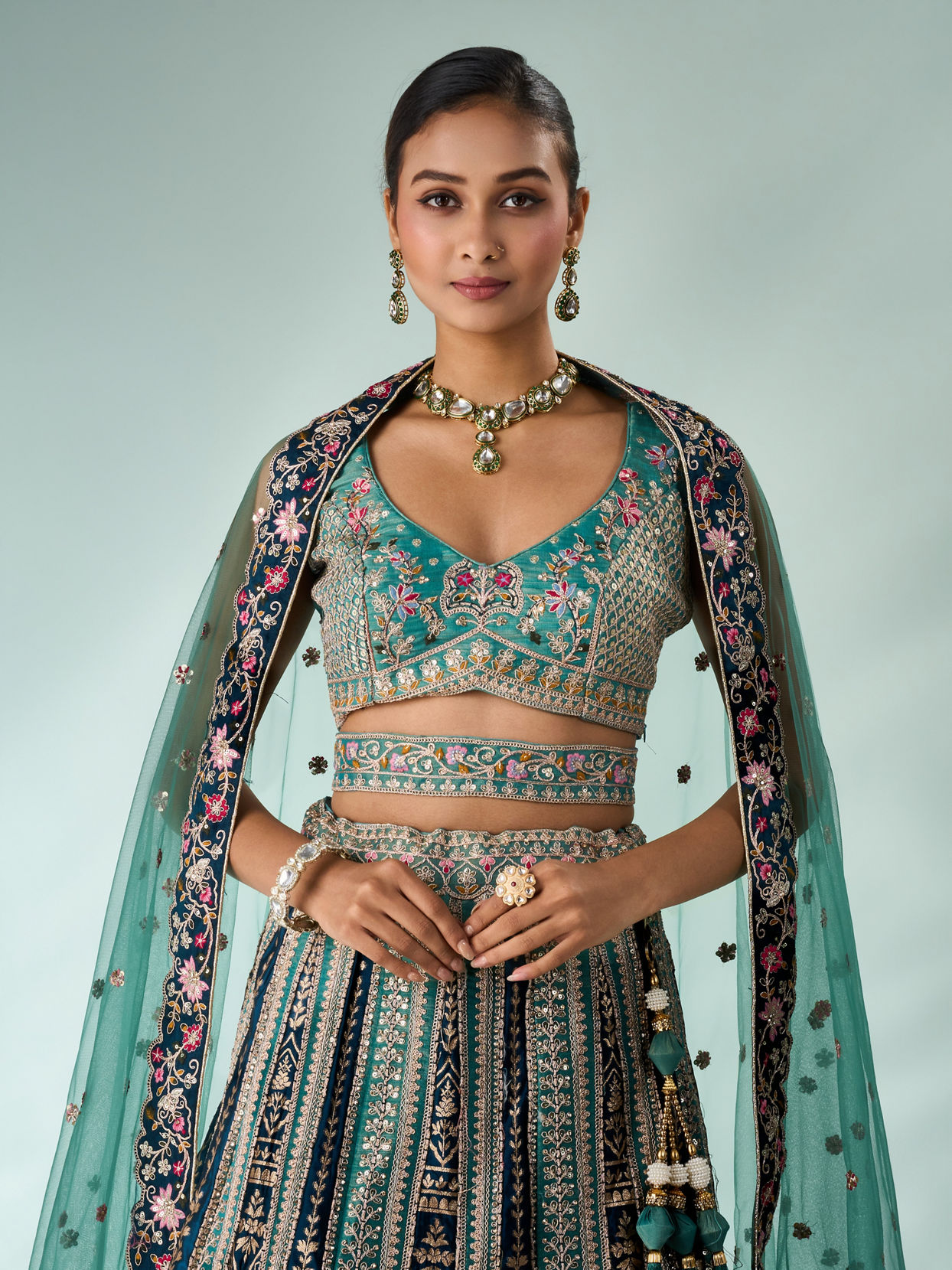 Mohey Women Green Tissue Lehenga with Sequin Work