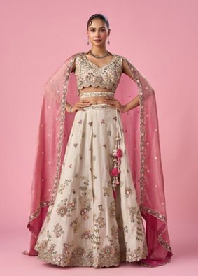 Mohey Women Cream Tissue Lehenga with Sequin Work