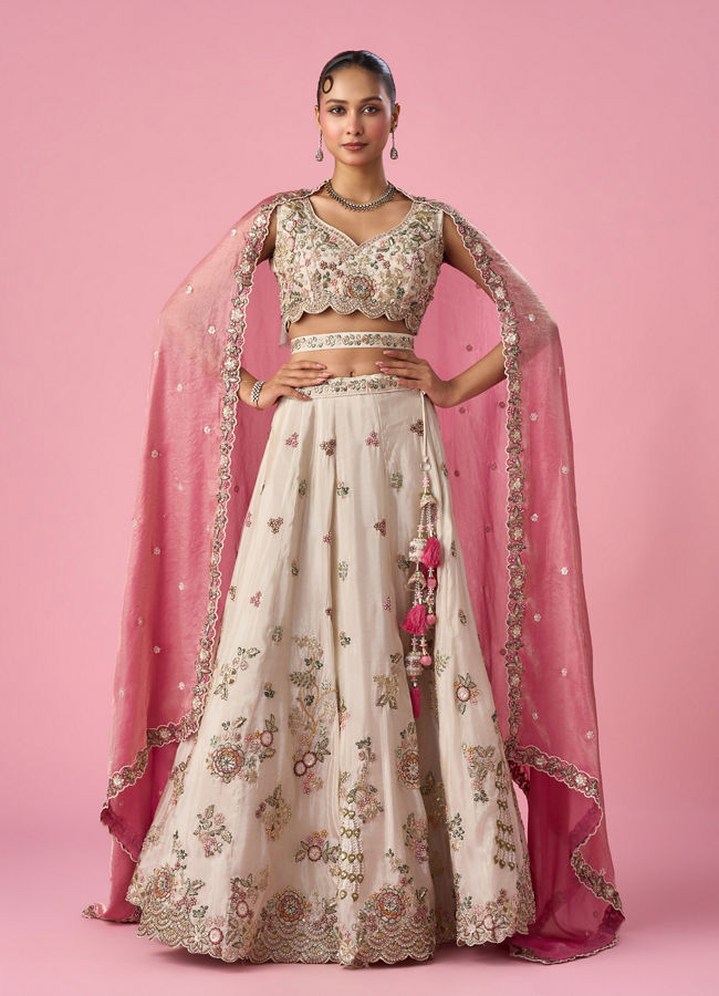 Mohey Women Cream Tissue Lehenga with Sequin Work