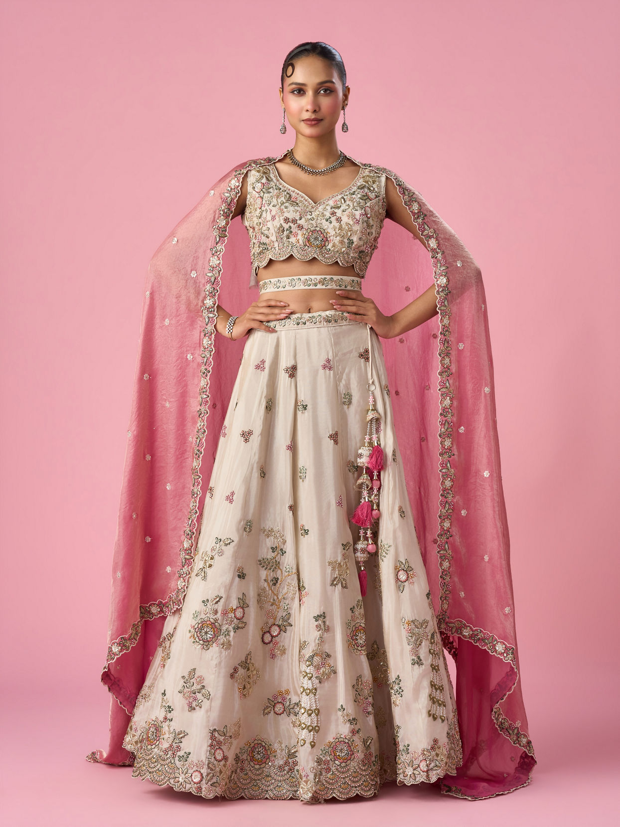 Mohey Women Cream Tissue Lehenga with Sequin Work