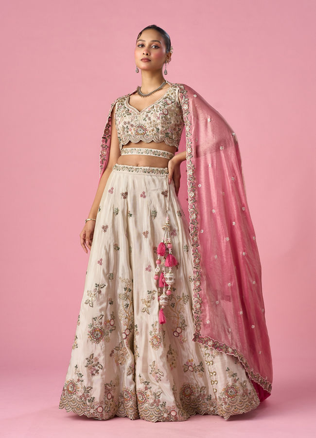 Mohey Women Cream Tissue Lehenga with Sequin Work
