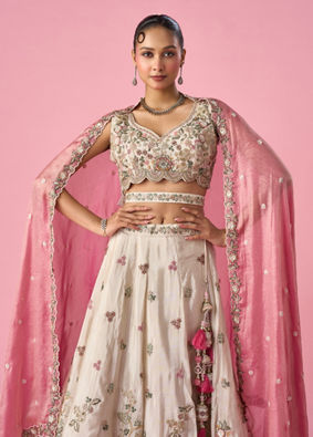 Mohey Women Cream Tissue Lehenga with Sequin Work