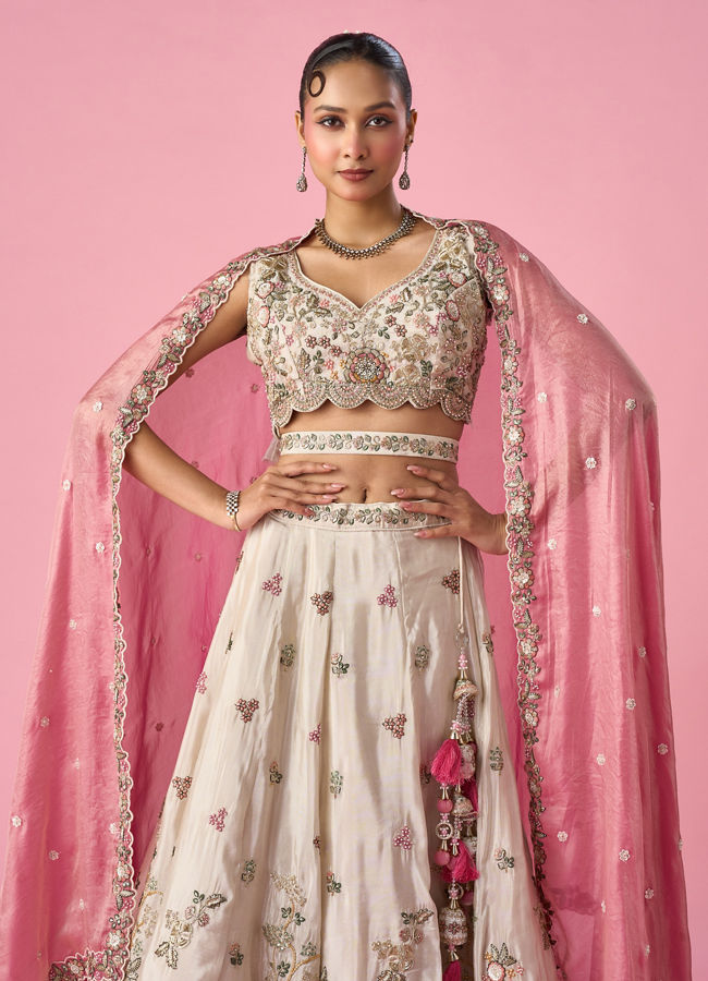 Mohey Women Cream Tissue Lehenga with Sequin Work