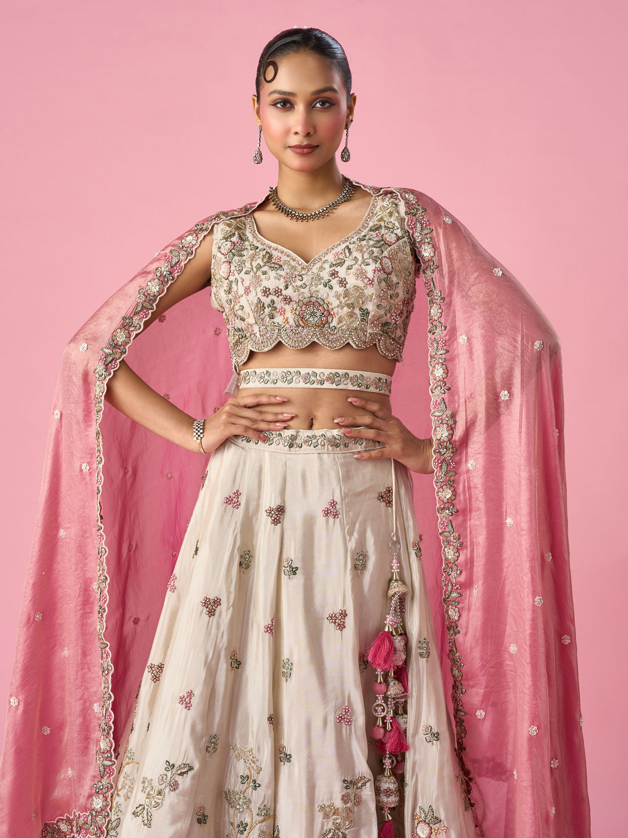 Mohey Women Cream Tissue Lehenga with Sequin Work