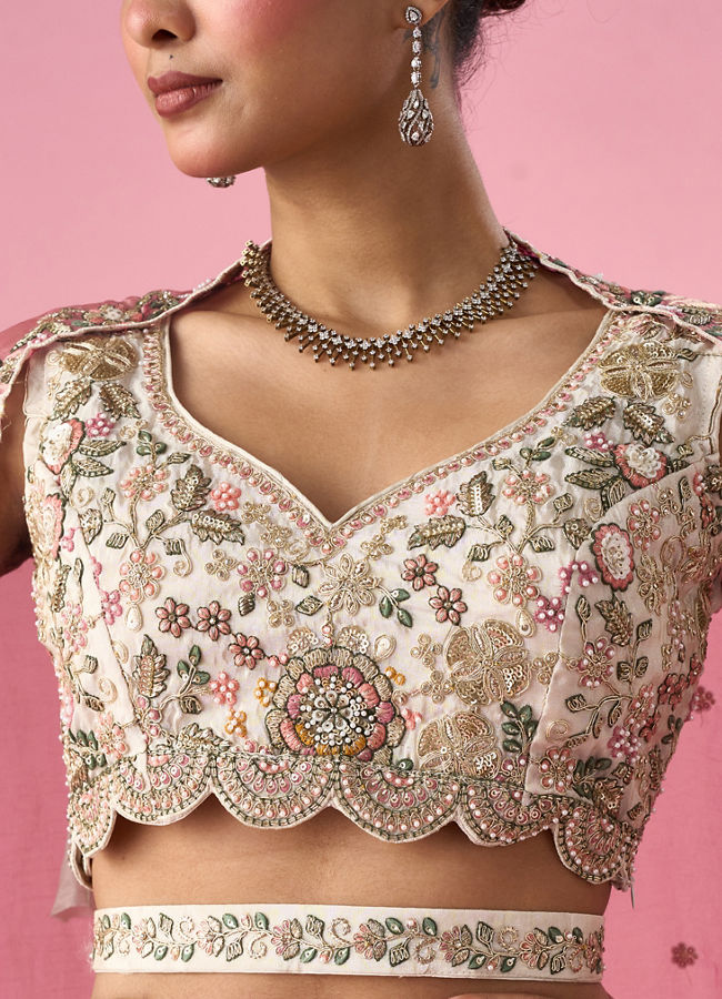 Mohey Women Cream Tissue Lehenga with Sequin Work
