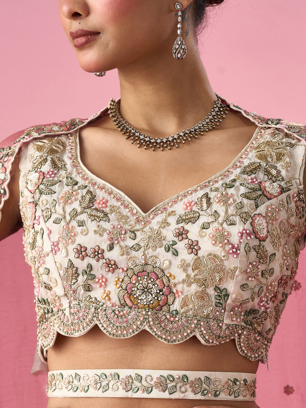Mohey Women Cream Tissue Lehenga with Sequin Work