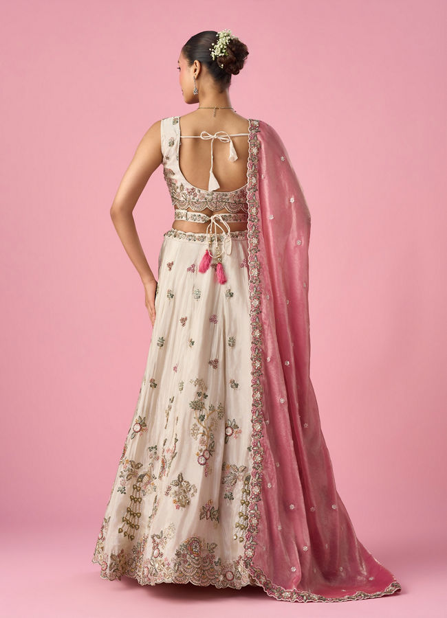 Mohey Women Cream Tissue Lehenga with Sequin Work