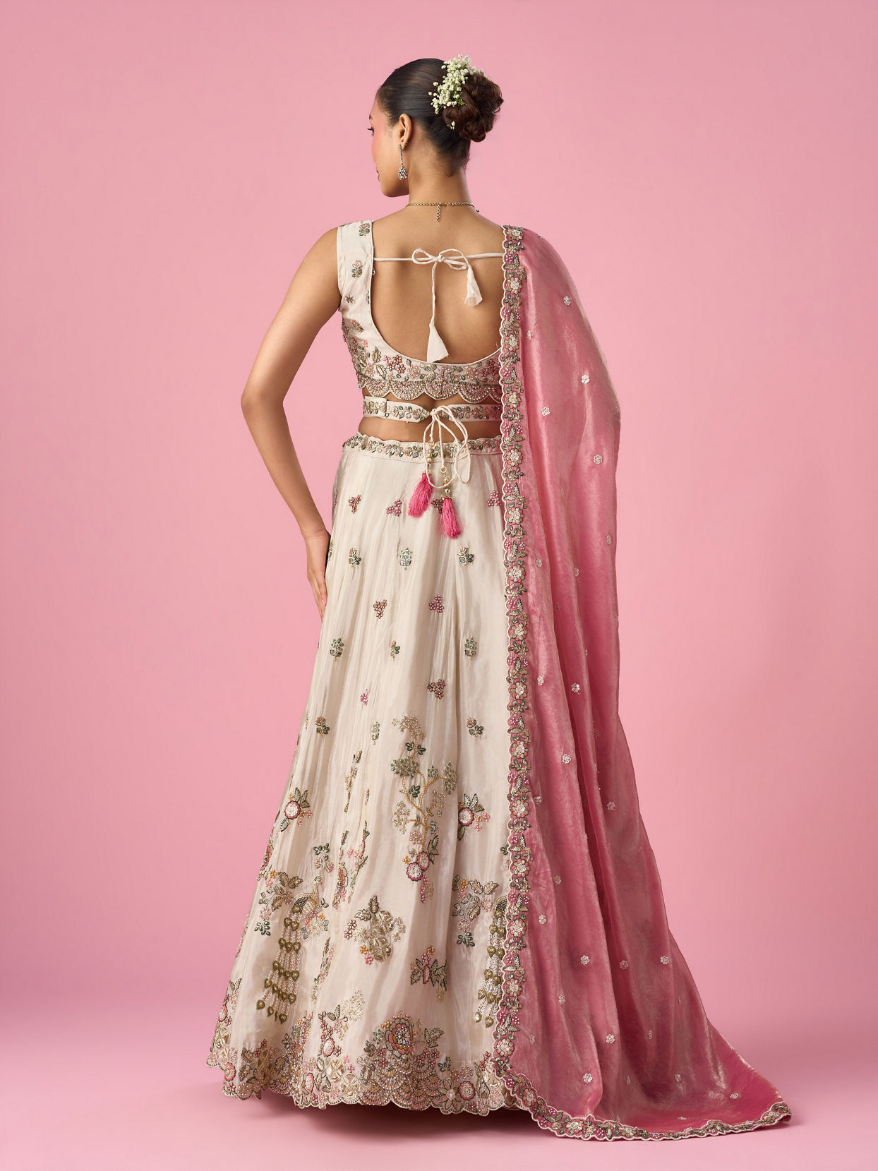 Mohey Women Cream Tissue Lehenga with Sequin Work