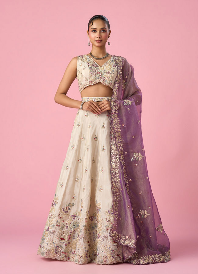 Mohey Women Cream Tissue Lehenga with Moti and Sequin Work