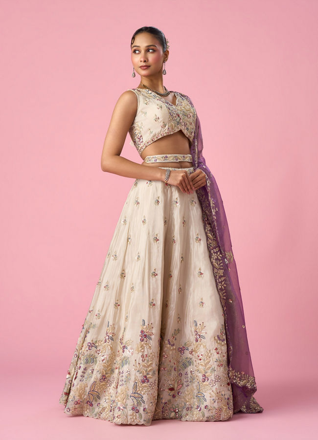 Mohey Women Cream Tissue Lehenga with Moti and Sequin Work