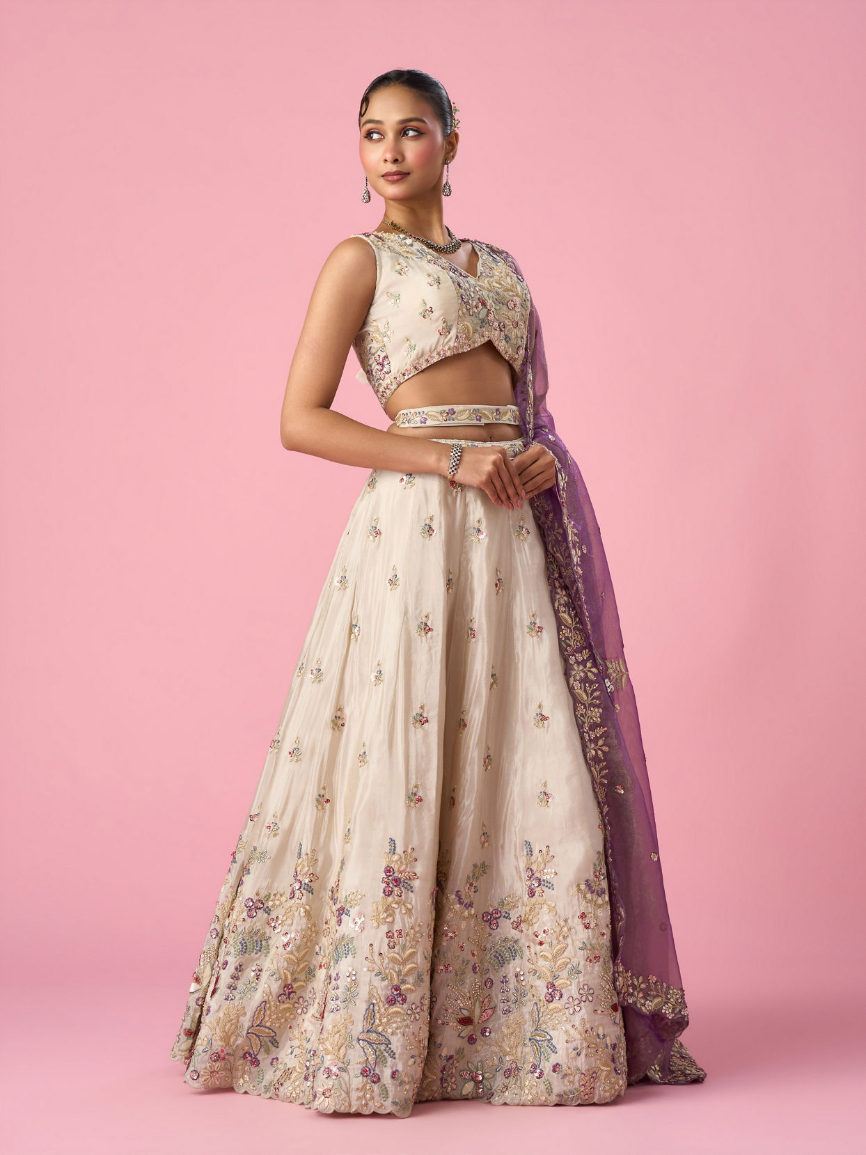 Mohey Women Cream Tissue Lehenga with Moti and Sequin Work