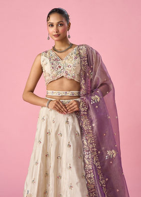 Mohey Women Cream Tissue Lehenga with Moti and Sequin Work