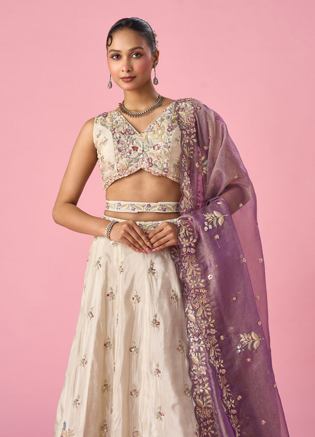 Mohey Women Cream Tissue Lehenga with Moti and Sequin Work