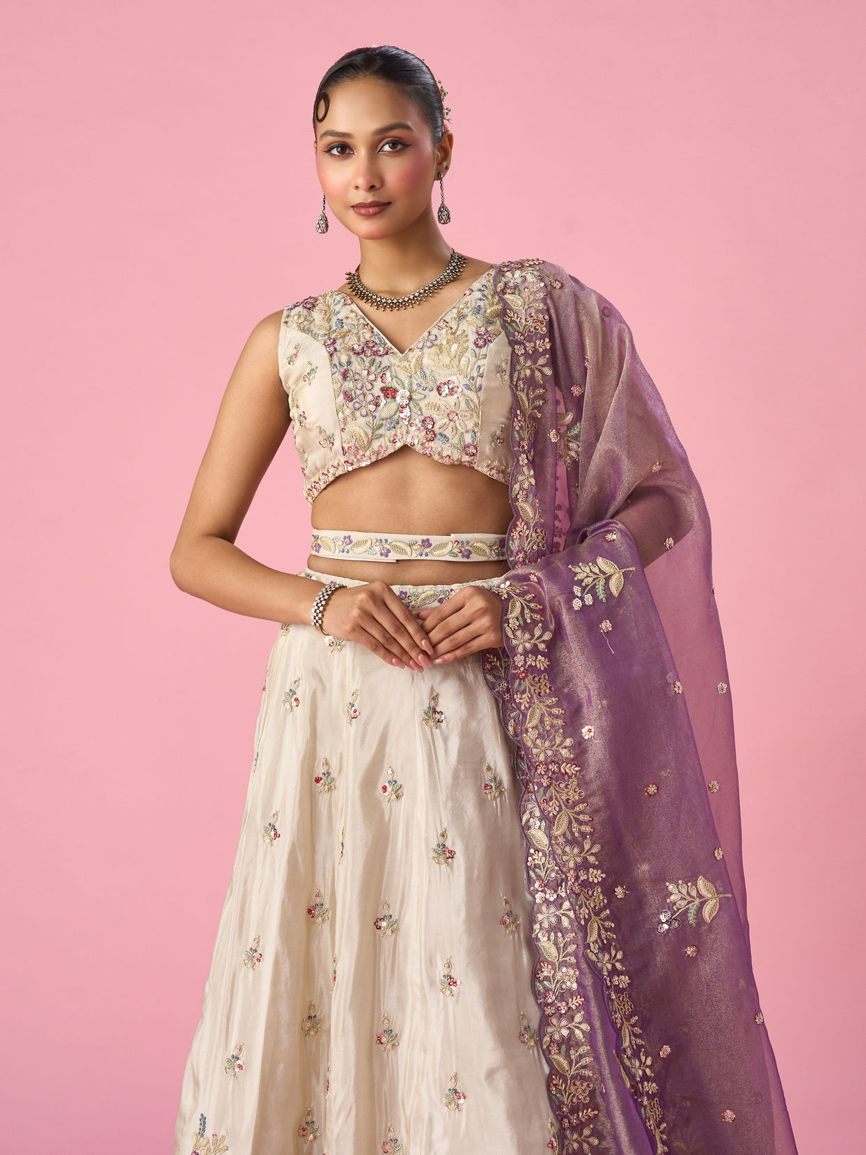 Mohey Women Cream Tissue Lehenga with Moti and Sequin Work