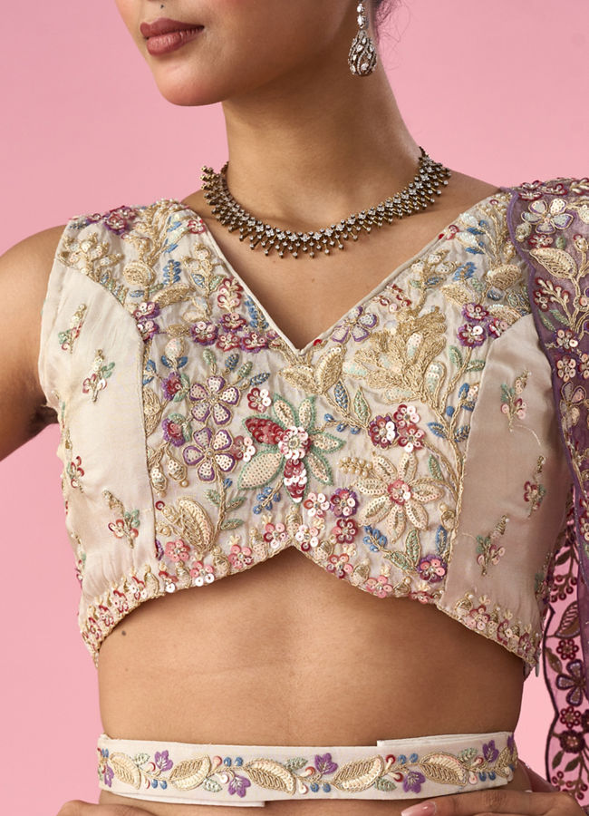 Mohey Women Cream Tissue Lehenga with Moti and Sequin Work