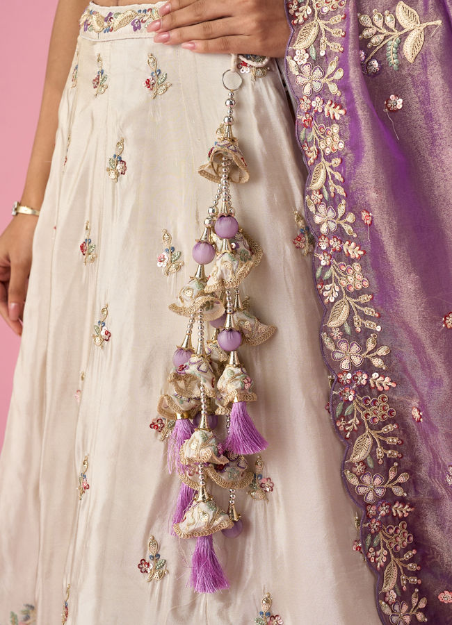 Mohey Women Cream Tissue Lehenga with Moti and Sequin Work