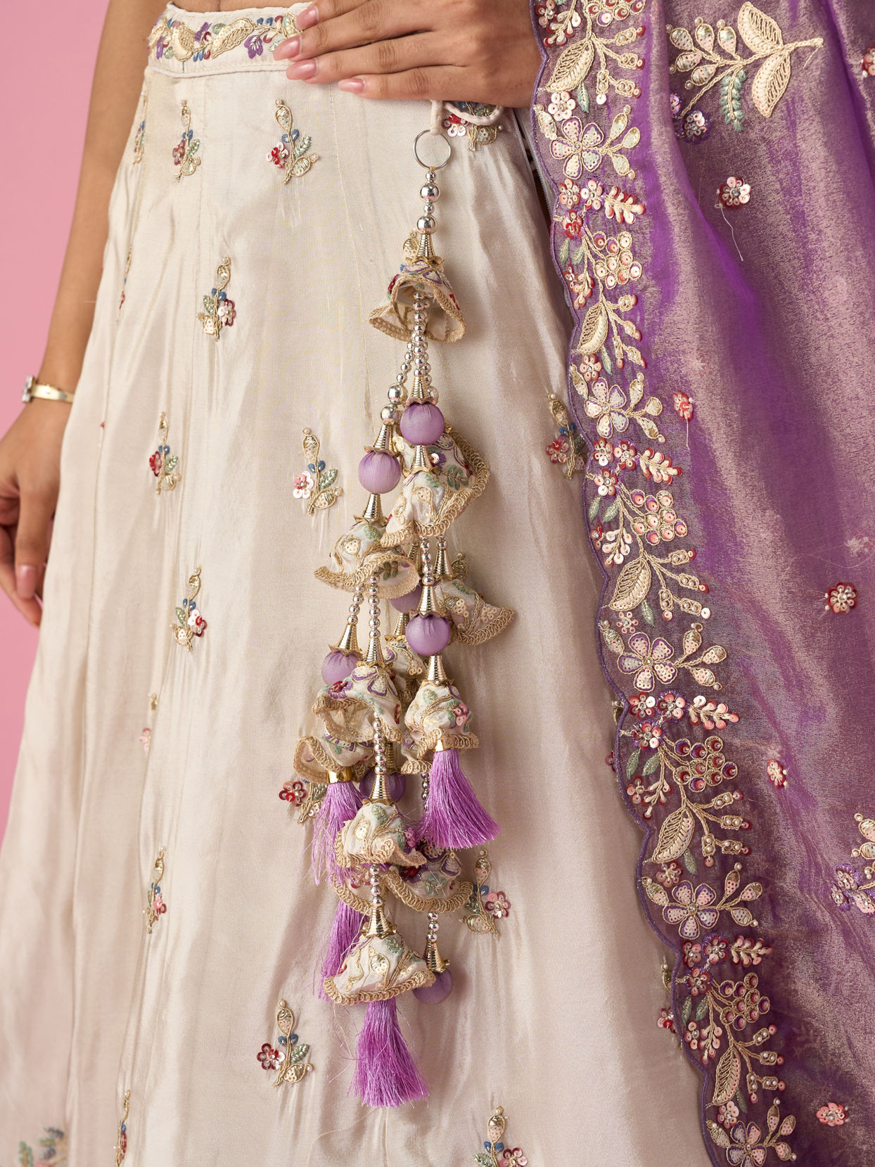Mohey Women Cream Tissue Lehenga with Moti and Sequin Work