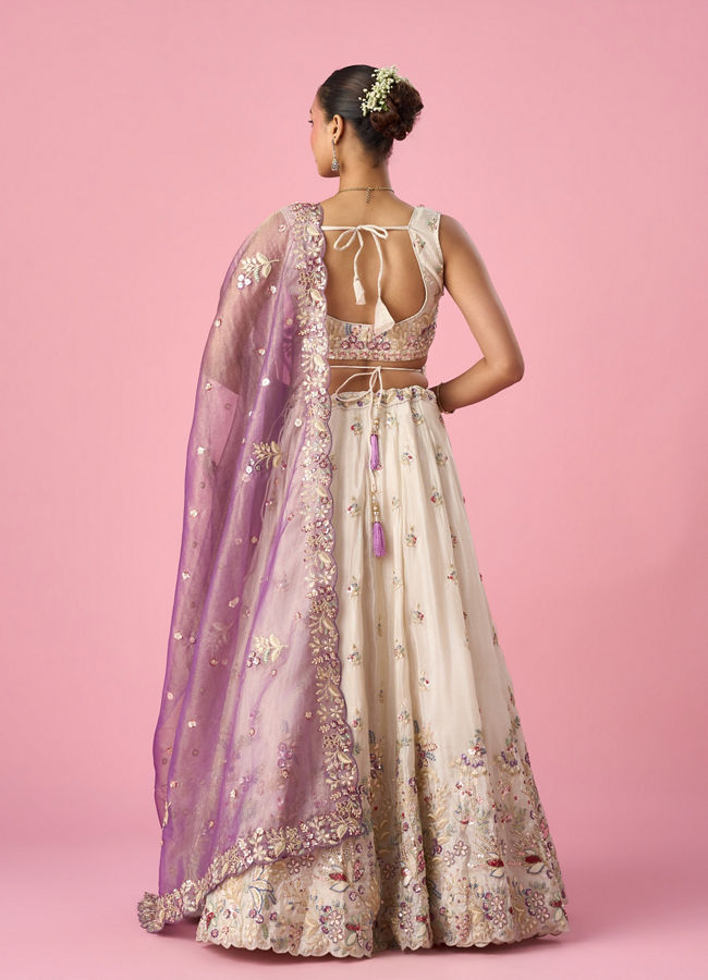 Mohey Women Cream Tissue Lehenga with Moti and Sequin Work