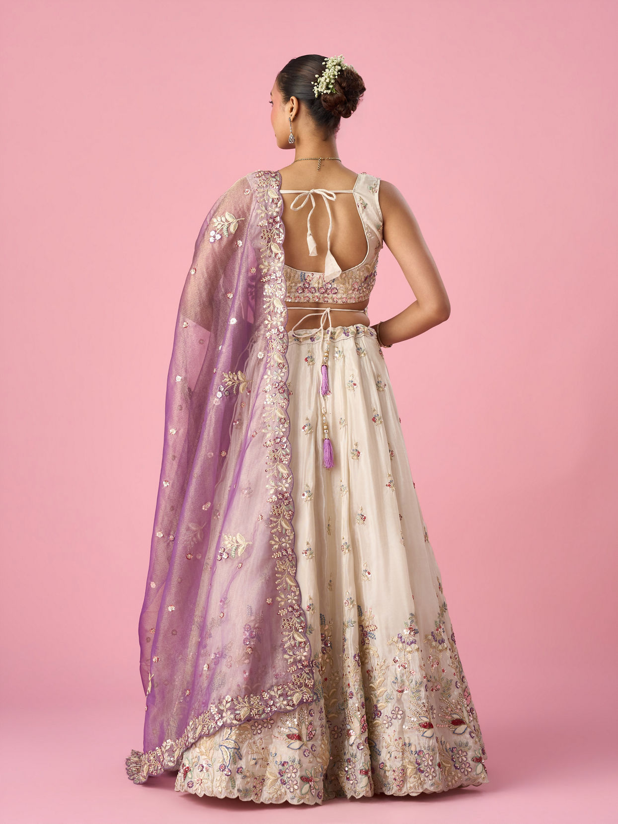 Mohey Women Cream Tissue Lehenga with Moti and Sequin Work
