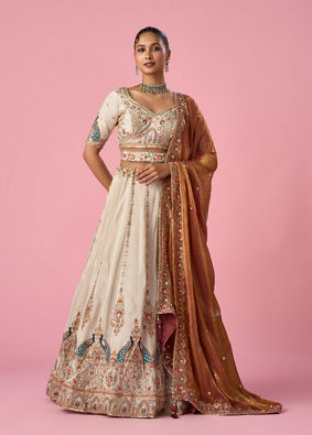 Mohey Women Orange Art Silk Lehenga with Sequin Work