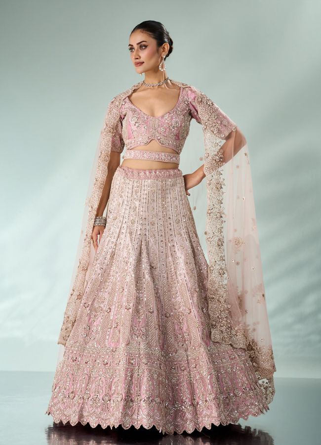 Mohey Women Pink Art Silk Bridal Lehenga with Cutdana Work