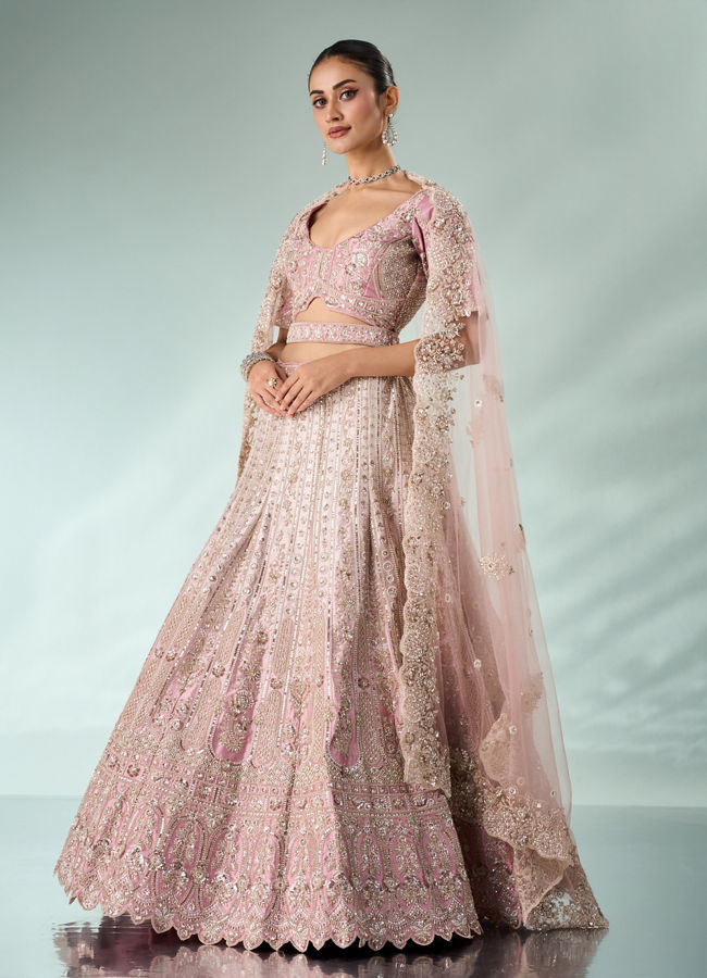 Mohey Women Pink Art Silk Bridal Lehenga with Cutdana Work
