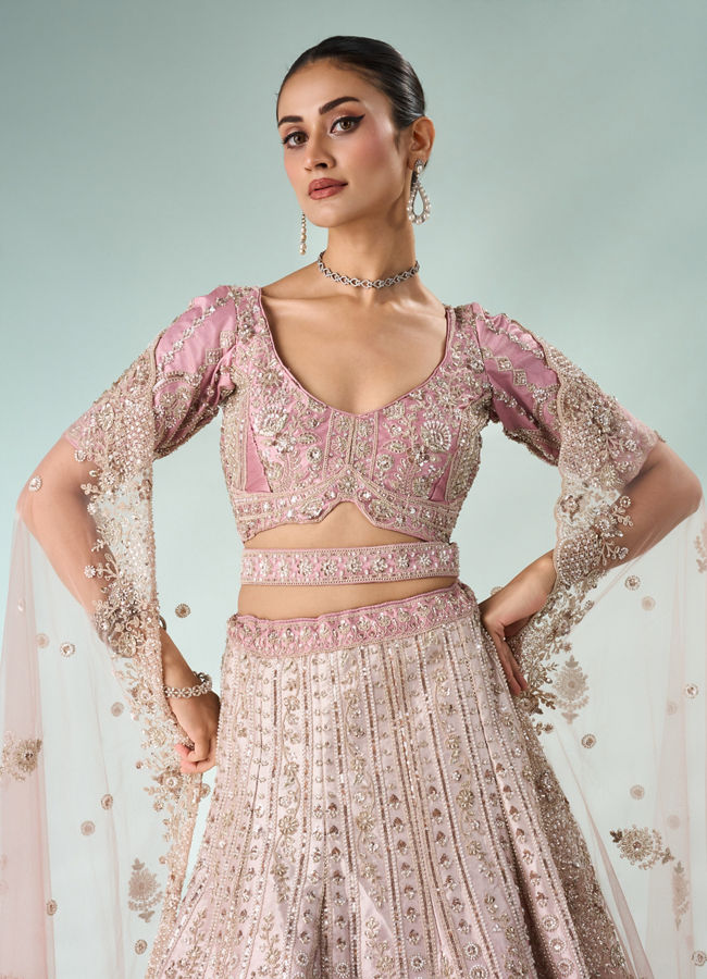 Mohey Women Pink Art Silk Bridal Lehenga with Cutdana Work