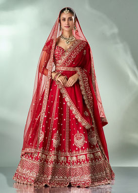 Mohey Women Red Silk Bridal Lehenga with Zari Work