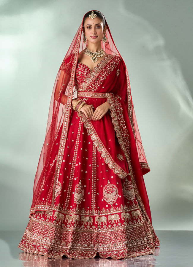 Mohey Women Red Silk Bridal Lehenga with Zari Work